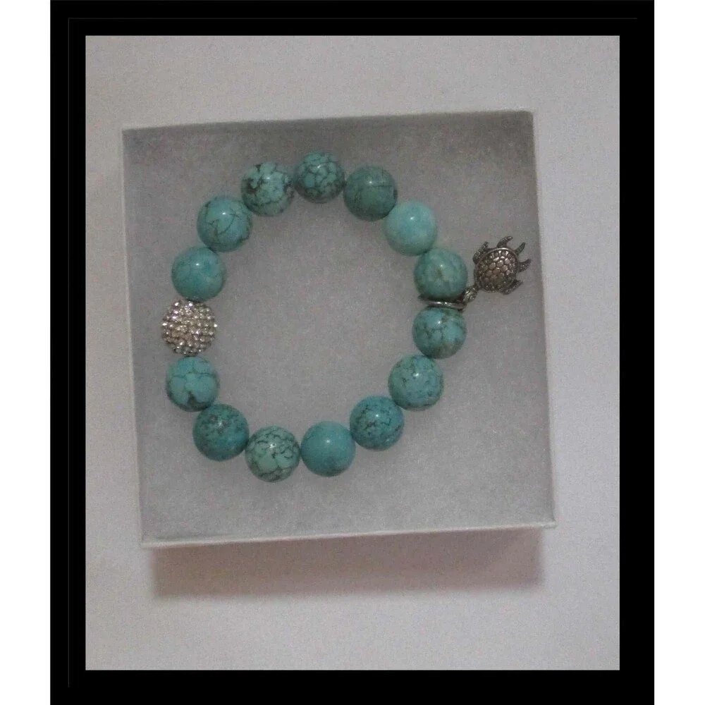 Ashley Bridget Stretch Bracelet Turtle Charm Chunky Round Turquoise Beads B007